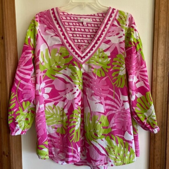 BARBARA GERWIT Cotton Tunic Top Pink Green Floral Print L - Picture 2 of 16